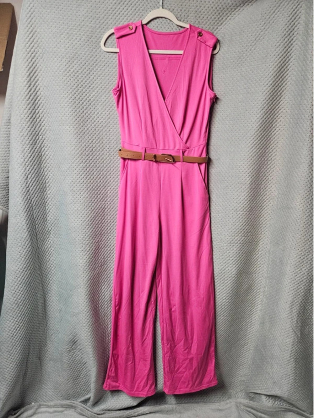 Women’s Hot Pink Jumpsuit Large Belted Wide Leg Sleeveless V Neck Romper